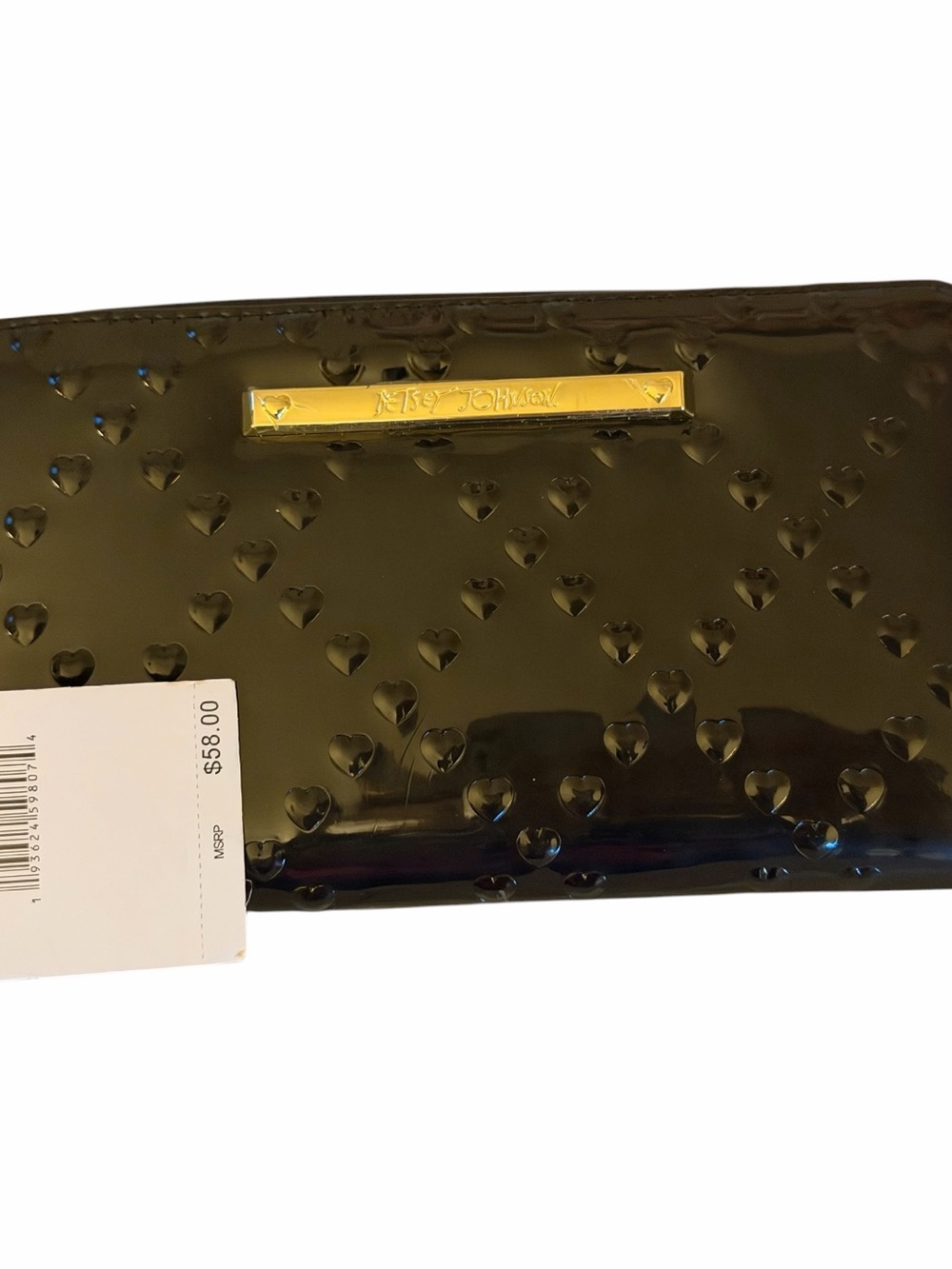 Betsey Johnson Black Patent Heart-Embossed Wristlet Clutch with Gold Plaque